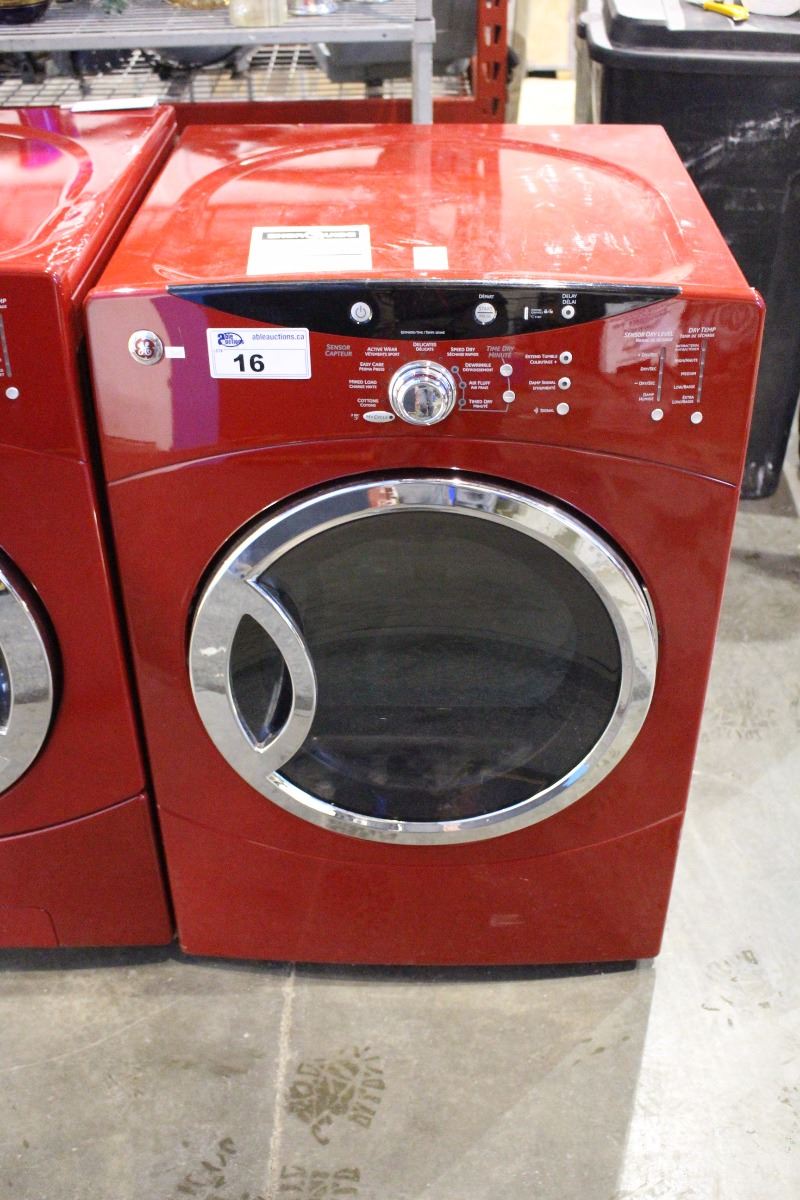 GE FRONT LOAD WASHER AND DRYER SET, RED