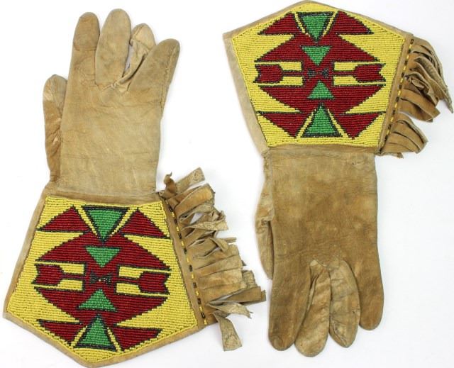 Beaded on leather gauntlets cloth lined