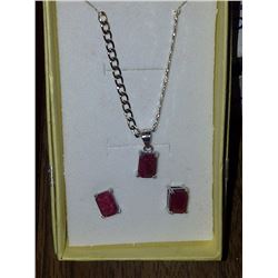 NECKLACE & EARRING 3PC SET - 4TCW EMERALD CUT RUBYS - RICH DEEP RED PURPLE IN STAMPED 925 STERLING S