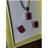 Image 2 : NECKLACE & EARRING 3PC SET - 4TCW EMERALD CUT RUBYS - RICH DEEP RED PURPLE IN STAMPED 925 STERLING S