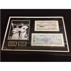 MICKEY MANTLE & JOE DIMAGGIO CUSTOM FRAMED DUAL SIGNED PHOTO & FACSIMILIE CHEQUES DISPLAY