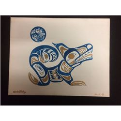SIGNED & FRAMED NATIVE ART "WOLF & MOON" BY HUBERT BILLY 2015