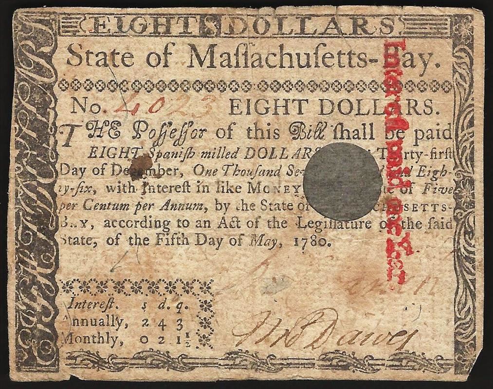 May 5, 1780 8 Massachusetts Colonial Currency Note
