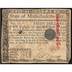 May 5, 1780 $8 Massachusetts Colonial Currency Note