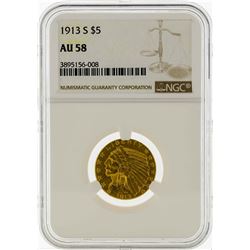 1913-S $5 Indian Head Half Eagle Gold Coin NGC AU58