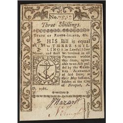 1786 State of Rhode Island Three Shillings Colonial Currency Note
