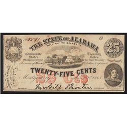 1863 Twenty-Five Cents The State of Alabama Obsolete Note