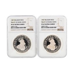 Set of (2) 1987 Belgium 5 ECU Silver Coins NGC PF67 Ultra Cameo