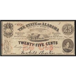 1863 Twenty-Five Cents The State of Alabama Obsolete Note