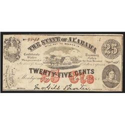 1863 Twenty-Five Cents The State of Alabama Obsolete Note