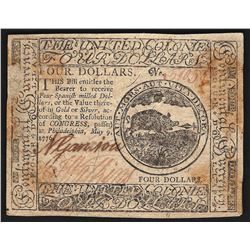 May 9, 1776 $4 Philadelphia Spanish Milled Colonial Currency Note
