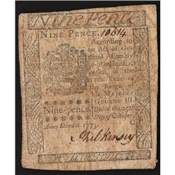 October 25, 1775 Pennsylvania Nine Pence Colonial Currency Note