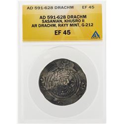 AD 591-628 Drachm Sasanian Khusro II AR Drachm Rayy Mint G-212 Coin ANACS EF45