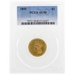 1855 $3 Indian Princess Head Gold Coin PCGS AU50