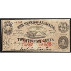 1863 Twenty-Five Cents The State of Alabama Obsolete Note
