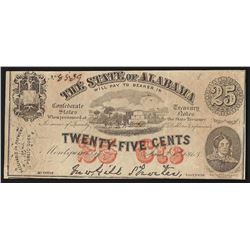 1863 Twenty-Five Cents The State of Alabama Obsolete Note