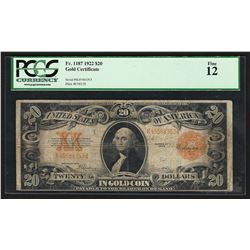 1922 $20 Gold Certificate Note PCGS F12