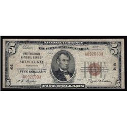 1929 $5 The First Wisconsin National Bank of Milwaukee National Currency Note
