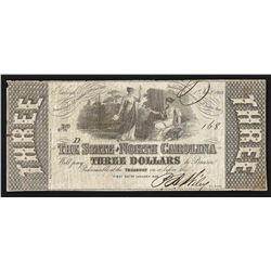 1863 $3 The State of North Carolina Obsolete Bank Note