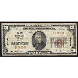 1929 $20 Reno Nevada National Currency Bank Note CH# 8424