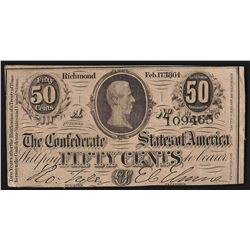 February 17, 1864 Fifty Cents The Confederate States of America Fractional Note
