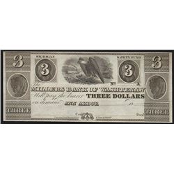 1800s $3 The Millers Bank of Washtenaw Obsolete Bank Note