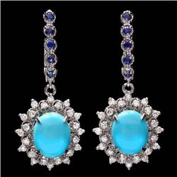 14k Gold 6ct Turquoise 1.10ct Diamond Earrings