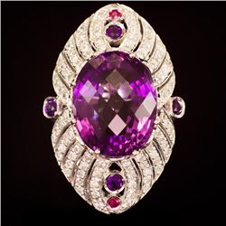 14K Gold 27.00ct Amethyst, 0.08ct Ruby 1.70ct Diamond Ring