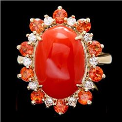 14k Yellow Gold 6.50ct Coral 0.40ct Diamond Ring