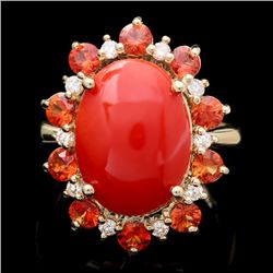 14k Yellow Gold 5.00ct Coral 0.35ct Diamond Ring