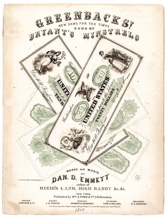 1863 Civil War Printed Sheet Music Titled GREENBACKS! by Dan D. Emmett