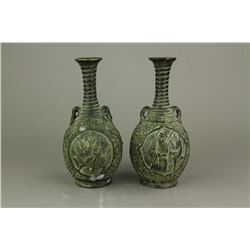 2 Pc Bronze Metal Carved Vase Qianlong MK