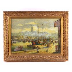 Antique Oil on Canvas Seaport Painting