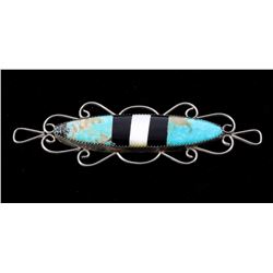 Zuni Sterling Inlaid Turquoise & Jet Brooch