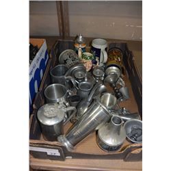 TRAY OF BEERSTEINS & PEWTER ITEMS