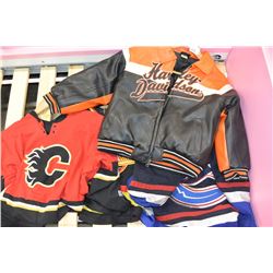 LOT OF CHILDS HOCKEY JERSEYS & LEATHER HARLEY JACKET