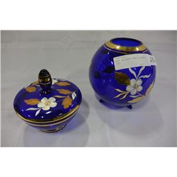 BLUE ART GLASS VASE & LIDDED DISH