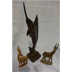 WOODEN SWORDFISH & 2 WOODEN DEER
