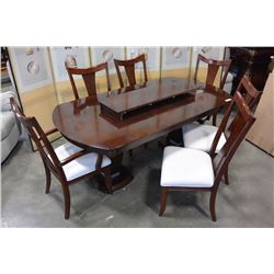 MAHOGANY FINISH DINING TABLE W/ 2 LEAVES & 6 CHAIRS
