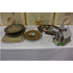 SHELF LOT OF VINTAGE TRAYS CRYSTAL AND SILVER PLATE AND