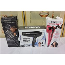 CONAIR BLOW DRYER, CURLER & STRAIGHTNING BRUSH