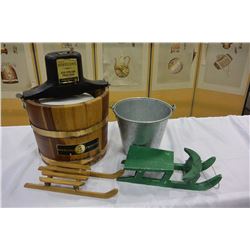 ICE CREAM MAKER, BUCKET & SLEDS