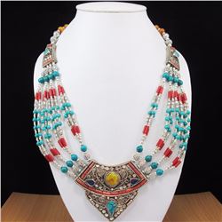 Tibet Natural Amber, Coral, Turquoise & Lapis Necklace