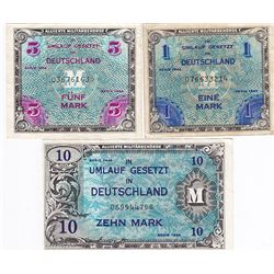 3 Germany Allied Military Notes - 1, 5 & 10 Mark - 9 Digit Serial #'s