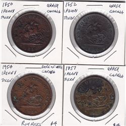4 Bank of Upper Canada 1 Penny Tokens: VG-F