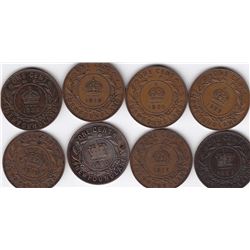 8 Newfoundland Large One Cent Coins: 1890-1936