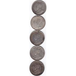 5 Canadian George V Silver 5 Cent Coins