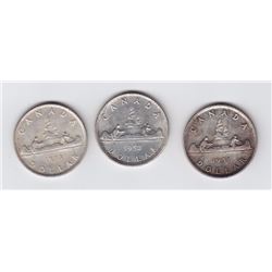 3 Canadian Silver $1 Dollar Coins1951-1953