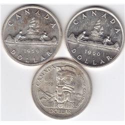 3 Canadian Silver $1 Dollar Coins1959-1960