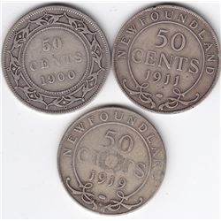 Set of 3 Newfoundland Silver 50-Cent Half Dollar Coins - 1900, 1911 & 1919